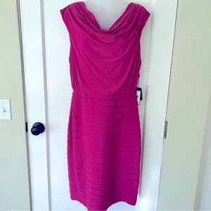 Adrianna Papell Cowlneck Shutter Pleated Sheath Dress Flamingo Pink Size 10 NWT